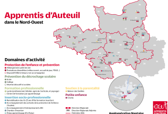 Carte des implantations d'Apprentis d'Auteuil dans le nord-ouest de la France